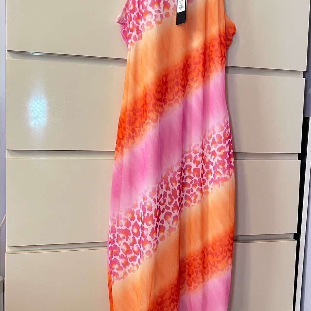 Fashion Nova Pink and Orange Mesh Midi Dress